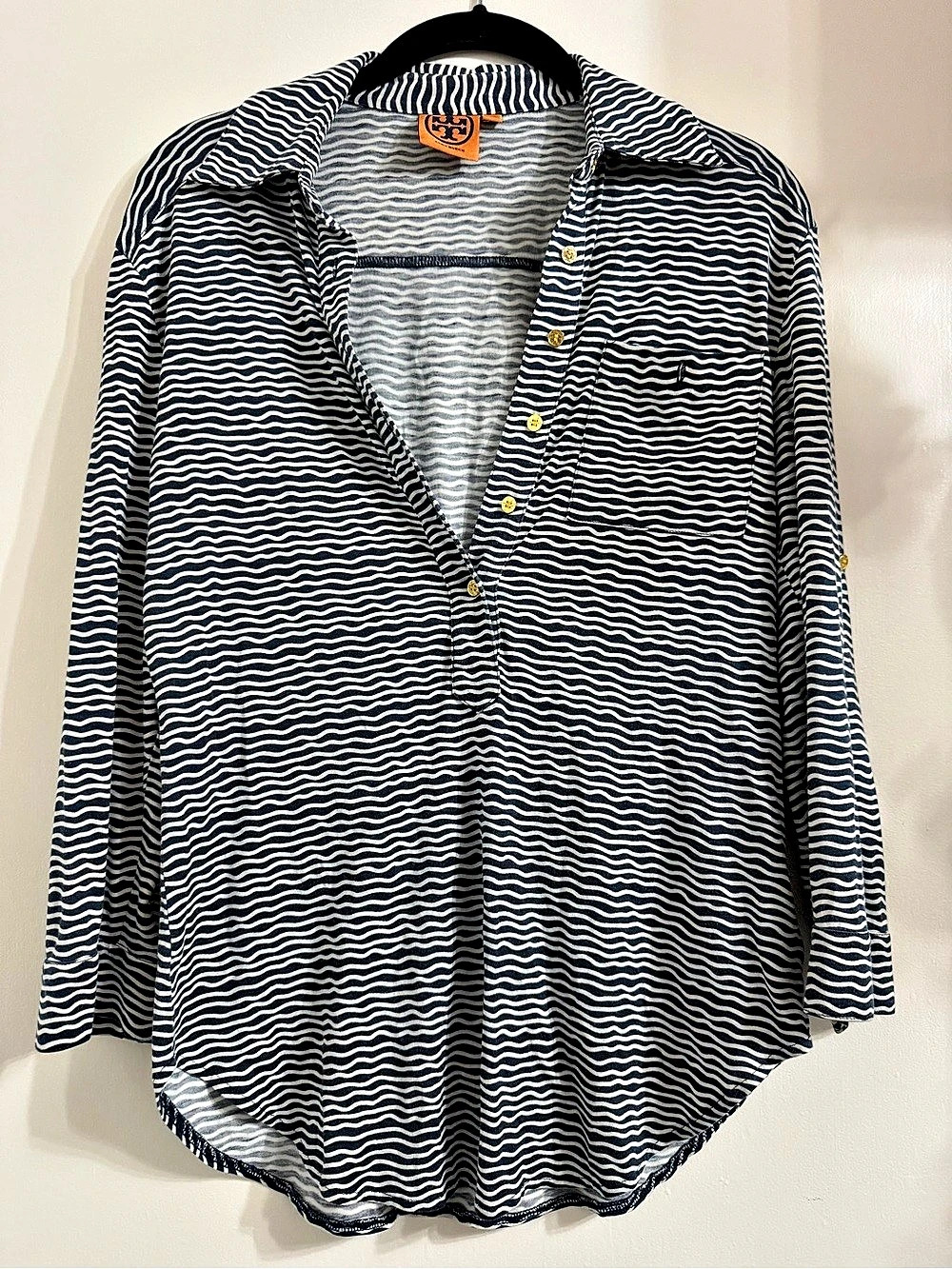 Tory Burch Wavy Stripe Button Front Top in Blue & White Size XS Like